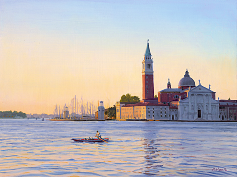 An oil painting of San Giorgio Maggiore across the Lagoon in Venice, Italy at sunrise by Margaret Heath.